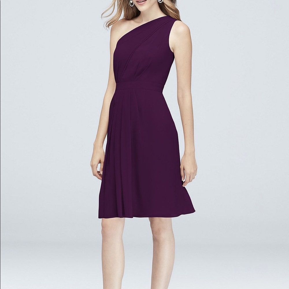 David’s Bridal one shoulder plum chiffon dress